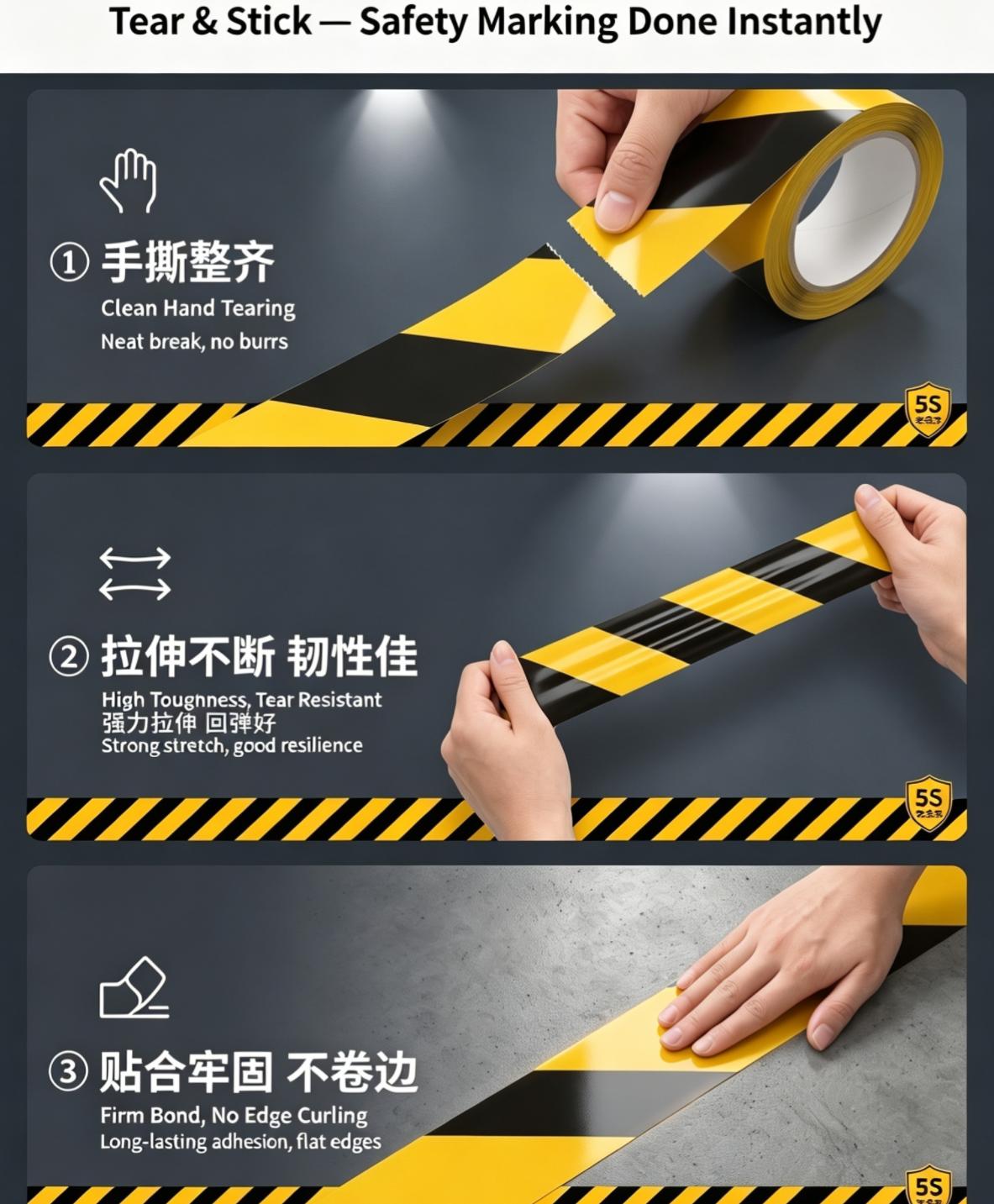  Waterproof Hazard Warning PVC Floor Marking Safety Tape 